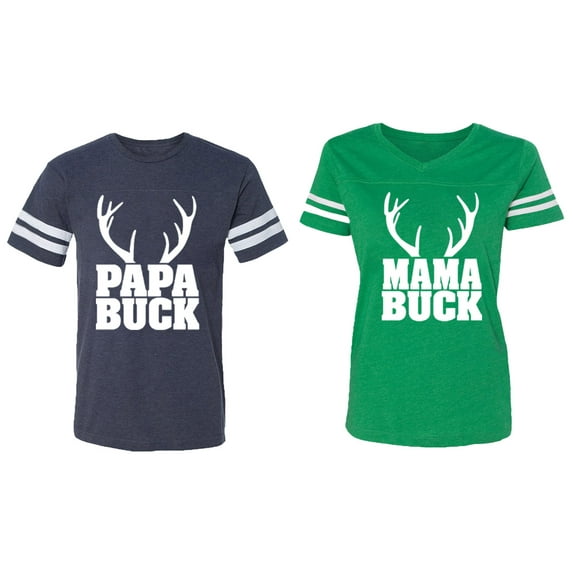 Papa Mama Buck Matching Couple Cotton Jerseys (Men Navy / Women Green) (Men XXL / Women XXL)