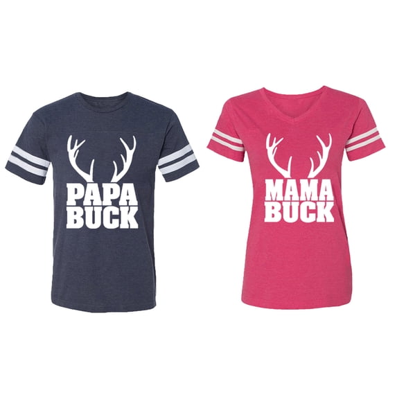 Papa Mama Buck Matching Couple Cotton Jerseys (Men Navy / Women Pink) (Men XXL / Women L)