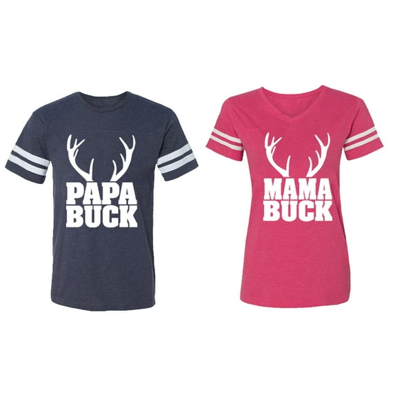 Papa Mama Buck Matching Couple Cotton Jerseys (Men Navy / Women Pink) (Men XXL / Women XL)
