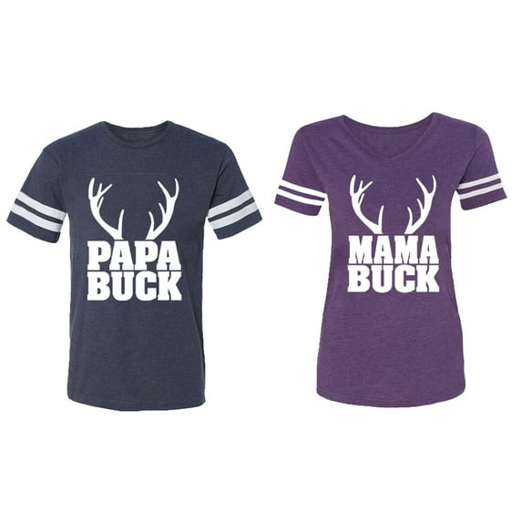 Papa Mama Buck Matching Couple Cotton Jerseys (Men Navy / Women Purple) (Men M / Women XXL)