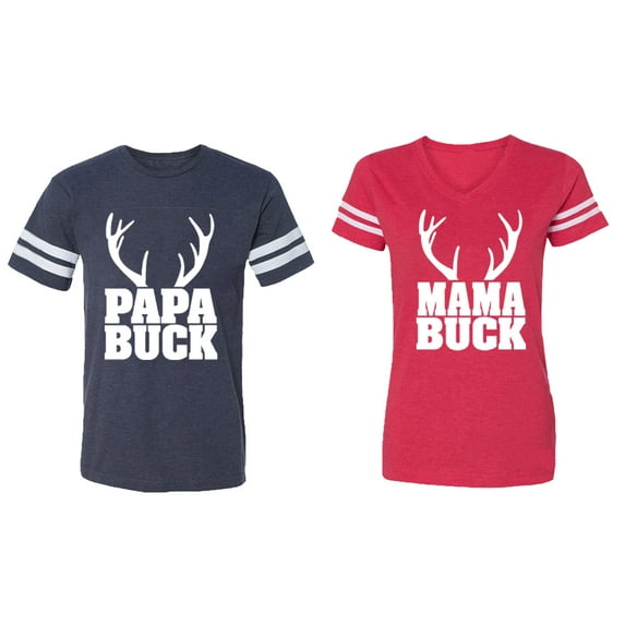Papa Mama Buck Matching Couple Cotton Jerseys (Men Navy / Women Red) (Men XXL / Women L)