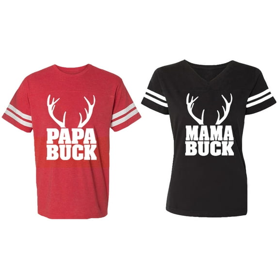 Papa Mama Buck Matching Couple Cotton Jerseys (Men Red / Women Black) (Men S / Women L)