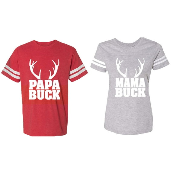 Papa Mama Buck Matching Couple Cotton Jerseys (Men Red / Women Heather) (Men XXL / Women L)