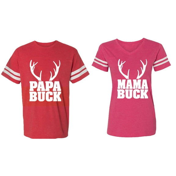 Papa Mama Buck Matching Couple Cotton Jerseys (Men Red / Women Pink) (Men M / Women S)