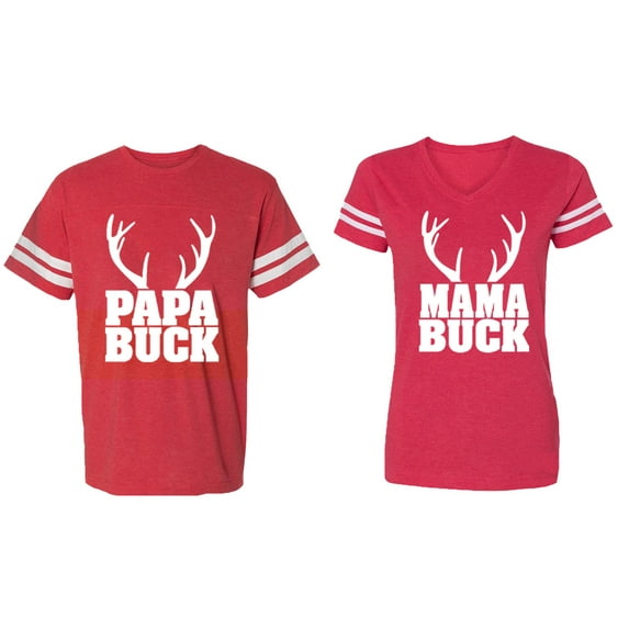 Papa Mama Buck Matching Couple Cotton Jerseys (Men Red / Women Red) (Men M / Women S)