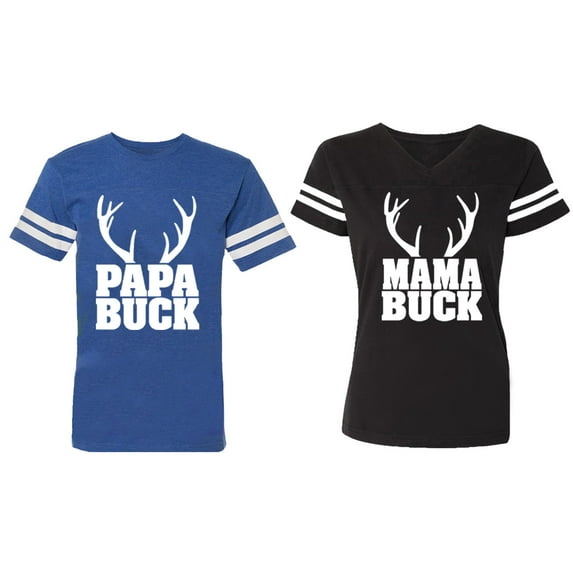 Papa Mama Buck Matching Couple Cotton Jerseys (Men Royal / Women Black) (Men S / Women S)