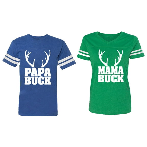 Papa Mama Buck Matching Couple Cotton Jerseys (Men Royal / Women Green) (Men XL / Women L)