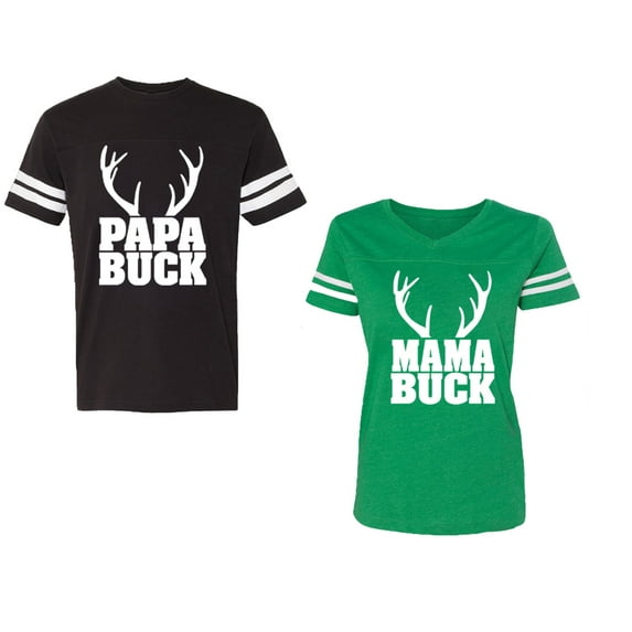 Papa Mama Buck Unisex Couple Matching Cotton Jersey style T-Shirt Contrasting stripes on sleeves (Men Black / Women Green) (Men XXL / Women S)