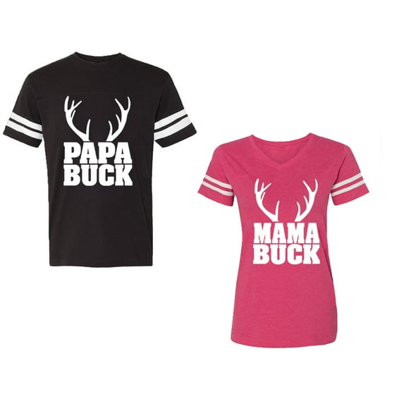 Papa Mama Buck Unisex Couple Matching Cotton Jersey style T-Shirt Contrasting stripes on sleeves (Men Black / Women Pink) (Men XXL / Women L)