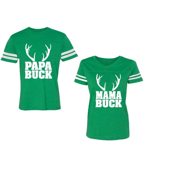 Papa Mama Buck Unisex Couple Matching Cotton Jersey style T-Shirt Contrasting stripes on sleeves (Men Green / Women Green) (Men M / Women L)