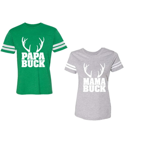 Papa Mama Buck Unisex Couple Matching Cotton Jersey style T-Shirt Contrasting stripes on sleeves (Men Green / Women Heather) (Men XL / Women S)