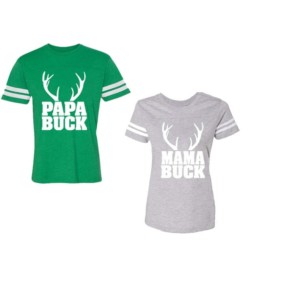Papa Mama Buck Unisex Couple Matching Cotton Jersey style T-Shirt Contrasting stripes on sleeves (Men Green / Women Heather) (Men XXXL / Women XXL)