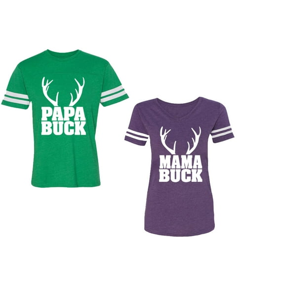 Papa Mama Buck Unisex Couple Matching Cotton Jersey style T-Shirt Contrasting stripes on sleeves (Men Green / Women Purple) (Men L / Women S)