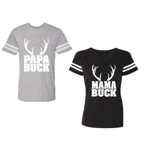 Papa Mama Buck Unisex Couple Matching Cotton Jersey style T-Shirt Contrasting stripes on sleeves (Men Heather / Women Black) (Men S / Women S)