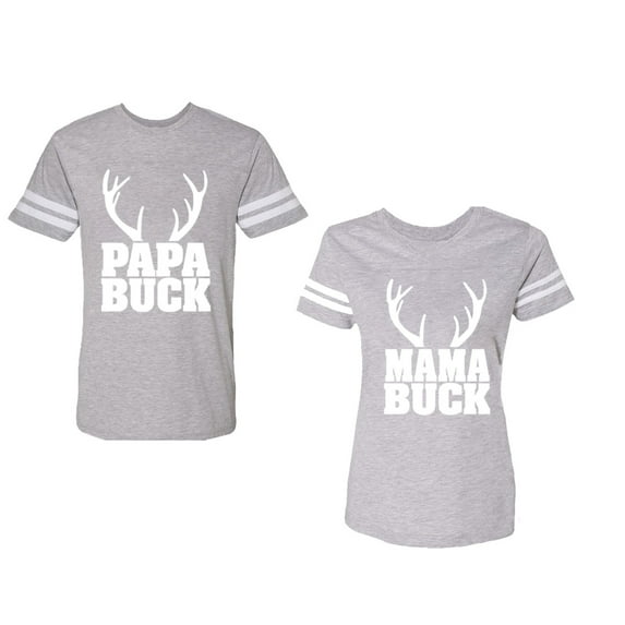 Papa Mama Buck Unisex Couple Matching Cotton Jersey style T-Shirt Contrasting stripes on sleeves (Men Heather / Women Heather) (Men M / Women XXL)