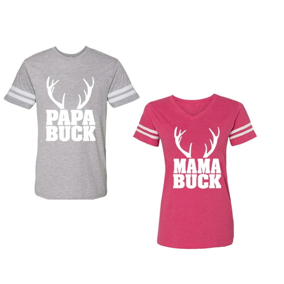 Papa Mama Buck Unisex Couple Matching Cotton Jersey style T-Shirt Contrasting stripes on sleeves (Men Heather / Women Pink) (Men L / Women S)