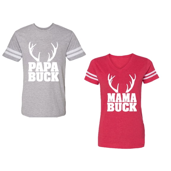 Papa Mama Buck Unisex Couple Matching Cotton Jersey style T-Shirt Contrasting stripes on sleeves (Men Heather / Women Red) (Men XL / Women M)