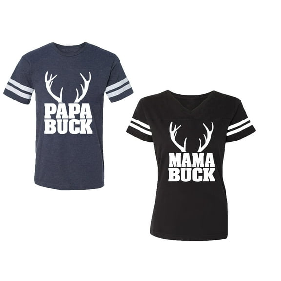 Papa Mama Buck Unisex Couple Matching Cotton Jersey style T-Shirt Contrasting stripes on sleeves (Men Navy / Women Black) (Men S / Women S)