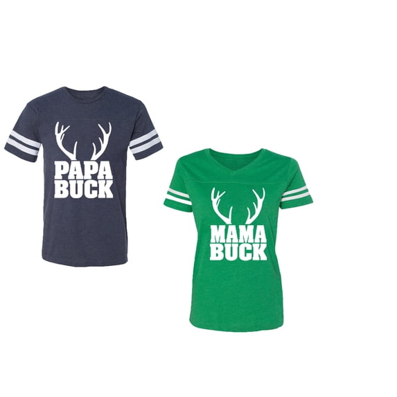 Papa Mama Buck Unisex Couple Matching Cotton Jersey style T-Shirt Contrasting stripes on sleeves (Men Navy / Women Green) (Men M / Women XXL)