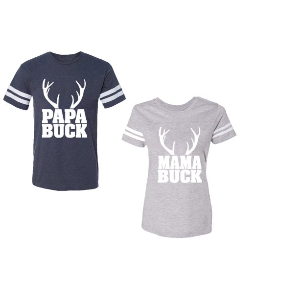 Papa Mama Buck Unisex Couple Matching Cotton Jersey style T-Shirt Contrasting stripes on sleeves (Men Navy / Women Heather) (Men XL / Women S)