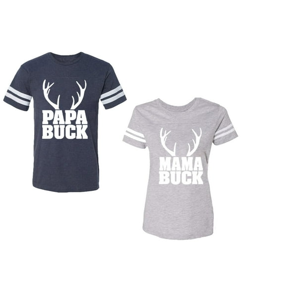 Papa Mama Buck Unisex Couple Matching Cotton Jersey style T-Shirt Contrasting stripes on sleeves (Men Navy / Women Heather) (Men XL / Women XXL)