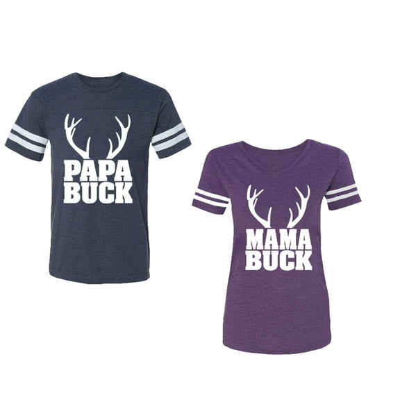 Papa Mama Buck Unisex Couple Matching Cotton Jersey style T-Shirt Contrasting stripes on sleeves (Men Navy / Women Purple) (Men L / Women S)