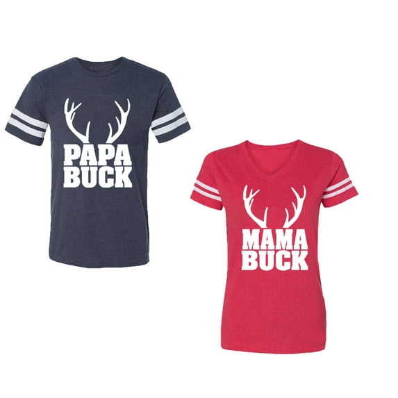 Papa Mama Buck Unisex Couple Matching Cotton Jersey style T-Shirt Contrasting stripes on sleeves (Men Navy / Women Red) (Men XXL / Women XXL)