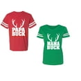 thumbnail image 1 of Papa Mama Buck Unisex Couple Matching Cotton Jersey style T-Shirt Contrasting stripes on sleeves (Men Red / Women Green) (Men XXL / Women S), 1 of 3