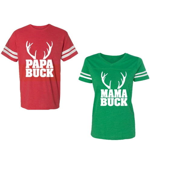Papa Mama Buck Unisex Couple Matching Cotton Jersey style T-Shirt Contrasting stripes on sleeves (Men Red / Women Green) (Men XXL / Women S)