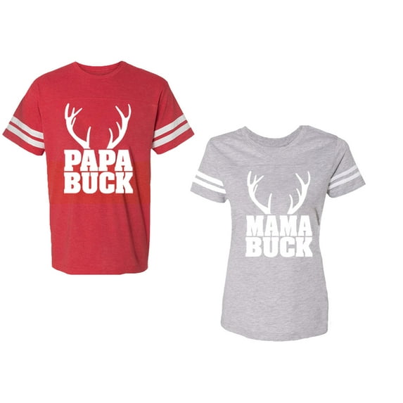 Papa Mama Buck Unisex Couple Matching Cotton Jersey style T-Shirt Contrasting stripes on sleeves (Men Red / Women Heather) (Men S / Women XL)