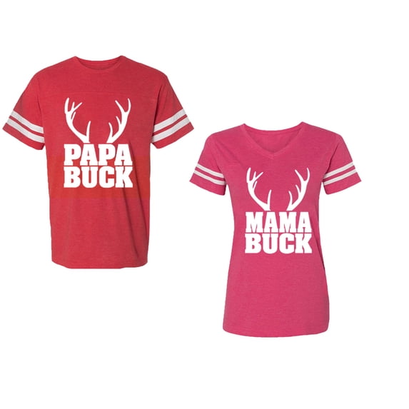 Papa Mama Buck Unisex Couple Matching Cotton Jersey style T-Shirt Contrasting stripes on sleeves (Men Red / Women Pink) (Men M / Women XXL)