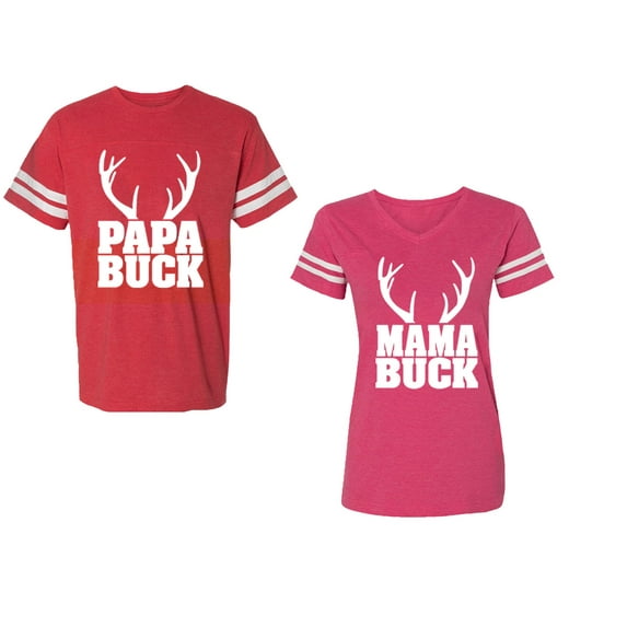 Papa Mama Buck Unisex Couple Matching Cotton Jersey style T-Shirt Contrasting stripes on sleeves (Men Red / Women Pink) (Men XXXL / Women XXL)