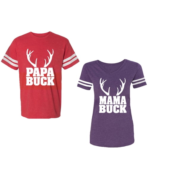 Papa Mama Buck Unisex Couple Matching Cotton Jersey style T-Shirt Contrasting stripes on sleeves (Men Red / Women Purple) (Men XXL / Women XL)