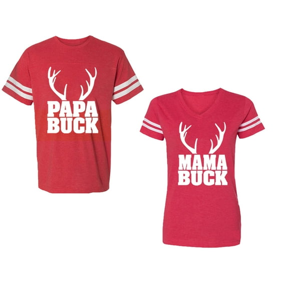 Papa Mama Buck Unisex Couple Matching Cotton Jersey style T-Shirt Contrasting stripes on sleeves (Men Red / Women Red) (Men M / Women L)