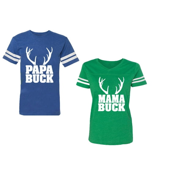 Papa Mama Buck Unisex Couple Matching Cotton Jersey style T-Shirt Contrasting stripes on sleeves (Men Royal / Women Green) (Men L / Women L)