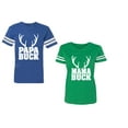 thumbnail image 1 of Papa Mama Buck Unisex Couple Matching Cotton Jersey style T-Shirt Contrasting stripes on sleeves (Men Royal / Women Green) (Men XL / Women XXL), 1 of 3