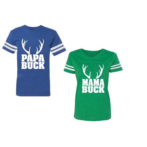 Papa Mama Buck Unisex Couple Matching Cotton Jersey style T-Shirt Contrasting stripes on sleeves (Men Royal / Women Green) (Men XXL / Women M)