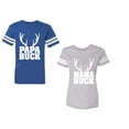 thumbnail image 1 of Papa Mama Buck Unisex Couple Matching Cotton Jersey style T-Shirt Contrasting stripes on sleeves (Men Royal / Women Heather) (Men L / Women L), 1 of 3