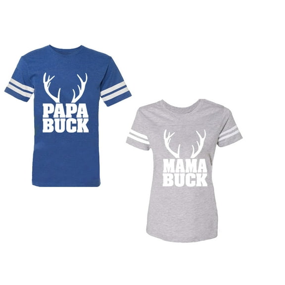 Papa Mama Buck Unisex Couple Matching Cotton Jersey style T-Shirt Contrasting stripes on sleeves (Men Royal / Women Heather) (Men XXL / Women M)