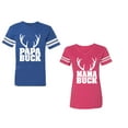 thumbnail image 1 of Papa Mama Buck Unisex Couple Matching Cotton Jersey style T-Shirt Contrasting stripes on sleeves (Men Royal / Women Pink) (Men L / Women L), 1 of 3