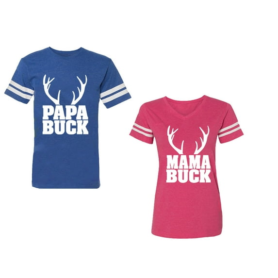 Papa Mama Buck Unisex Couple Matching Cotton Jersey style T-Shirt Contrasting stripes on sleeves (Men Royal / Women Pink) (Men L / Women L)