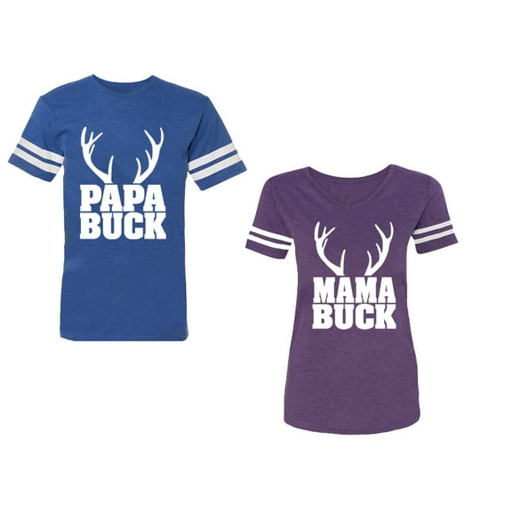 Papa Mama Buck Unisex Couple Matching Cotton Jersey style T-Shirt Contrasting stripes on sleeves (Men Royal / Women Purple) (Men L / Women M)