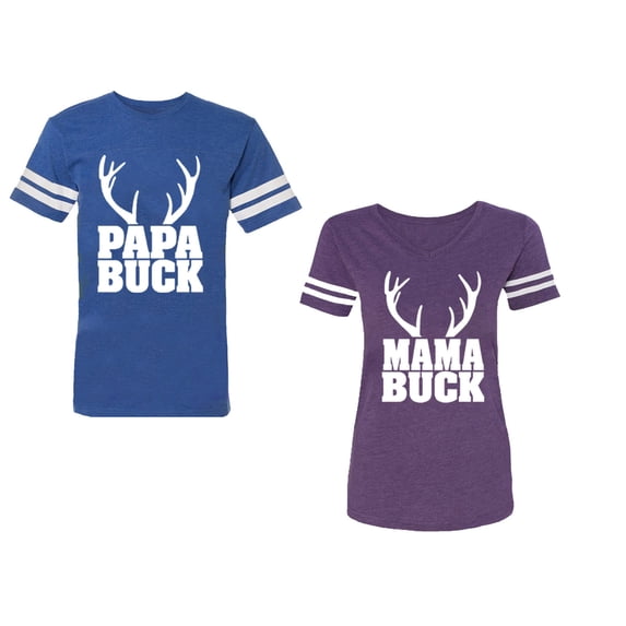 Papa Mama Buck Unisex Couple Matching Cotton Jersey style T-Shirt Contrasting stripes on sleeves (Men Royal / Women Purple) (Men XL / Women S)