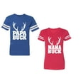 thumbnail image 1 of Papa Mama Buck Unisex Couple Matching Cotton Jersey style T-Shirt Contrasting stripes on sleeves (Men Royal / Women Red) (Men XL / Women M), 1 of 3