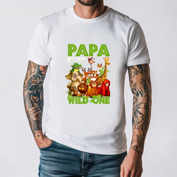Papa Of The Wild One Birthday Family Jungle Animal Theme Graphic Unisex T-Shirt, for men & women, up to size 5XL.