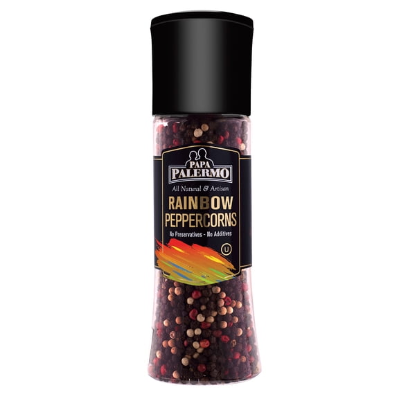 Papa Palermo Rainbow Peppercorn Grinder, Whole Mixed Black, White, Green & Pink Peppercorn Medley, Kosher, All Natural, 5.82 oz