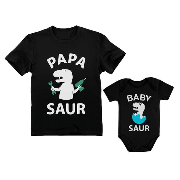 Papa Saur T-Rex Dad & Baby Saur Daddy and Me Matching Set Father & Son Daughter Papa Black XX-Large / baby Black 24M (18-24M)