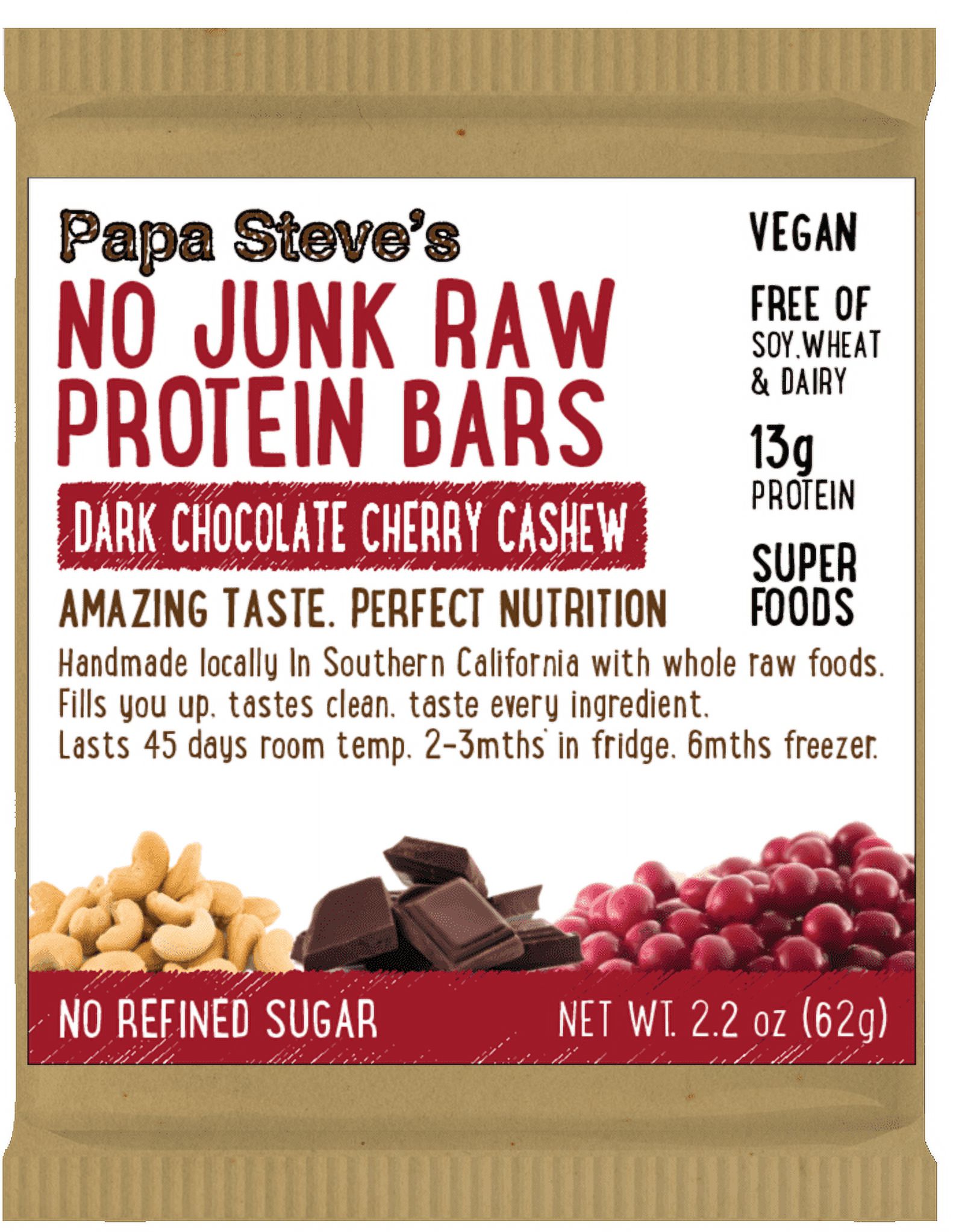 Papa Steve's No Junk Raw Vegan Protein Bars: Non GMO, Gluten Free, 100% Natural, Hand-Made Weekly - Dark Chocolate Cherry Cashew (Pack of 10) - image 1 of 4