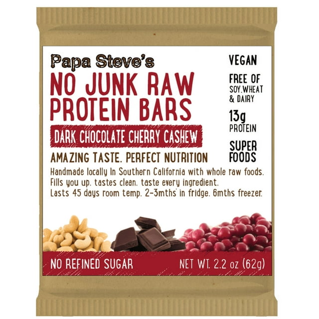 Papa Steve's No Junk Raw Vegan Protein Bars: Non GMO, Gluten Free, 100% Natural, Hand-Made Weekly - Dark Chocolate Cherry Cashew (Pack of 10)
