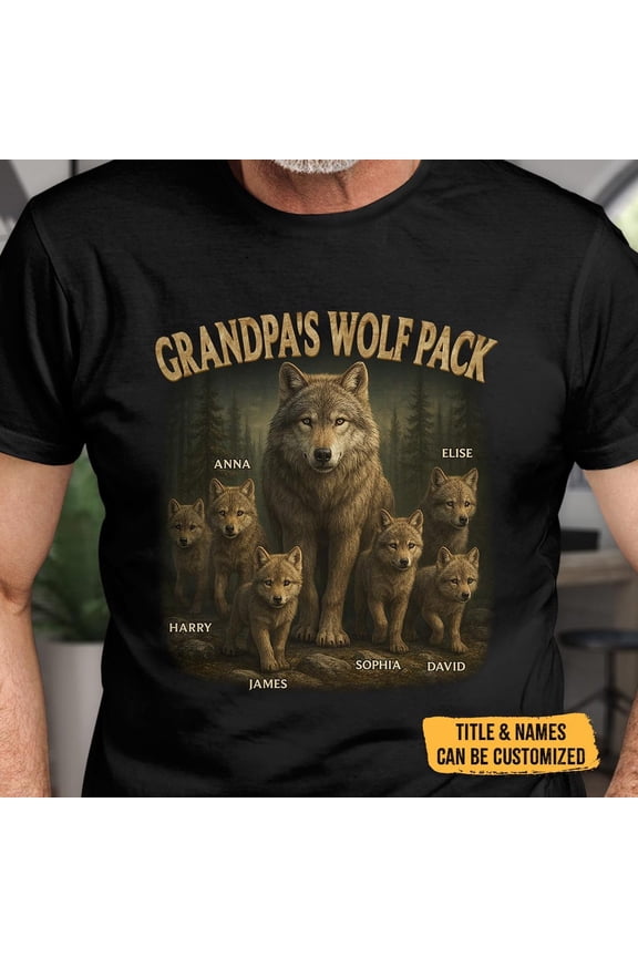 Papa Wolf Pack Family Personalized Custom Grandpa Hand Dad Gift T-shirt